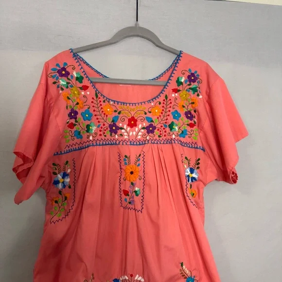 Traditional Mexican-Style Puebla‎ Pink Hand Embroidered Dress size Medium Boho - Picture 2 of 6